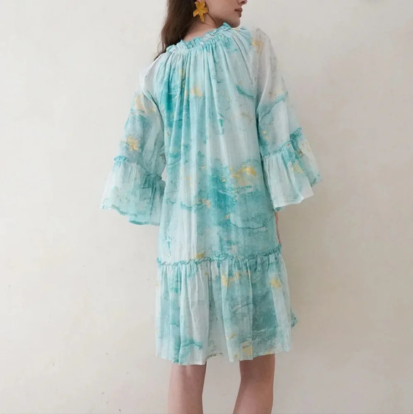Debbie Katz Nalai Tunic Aqua Metallic Block Print Midi Dress Sz M Cottagecore - Picture 3 of 16